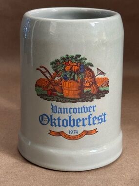 1975 Vancouver Oktoberfest Grey Ceramic Beer Stein. Made in Canada